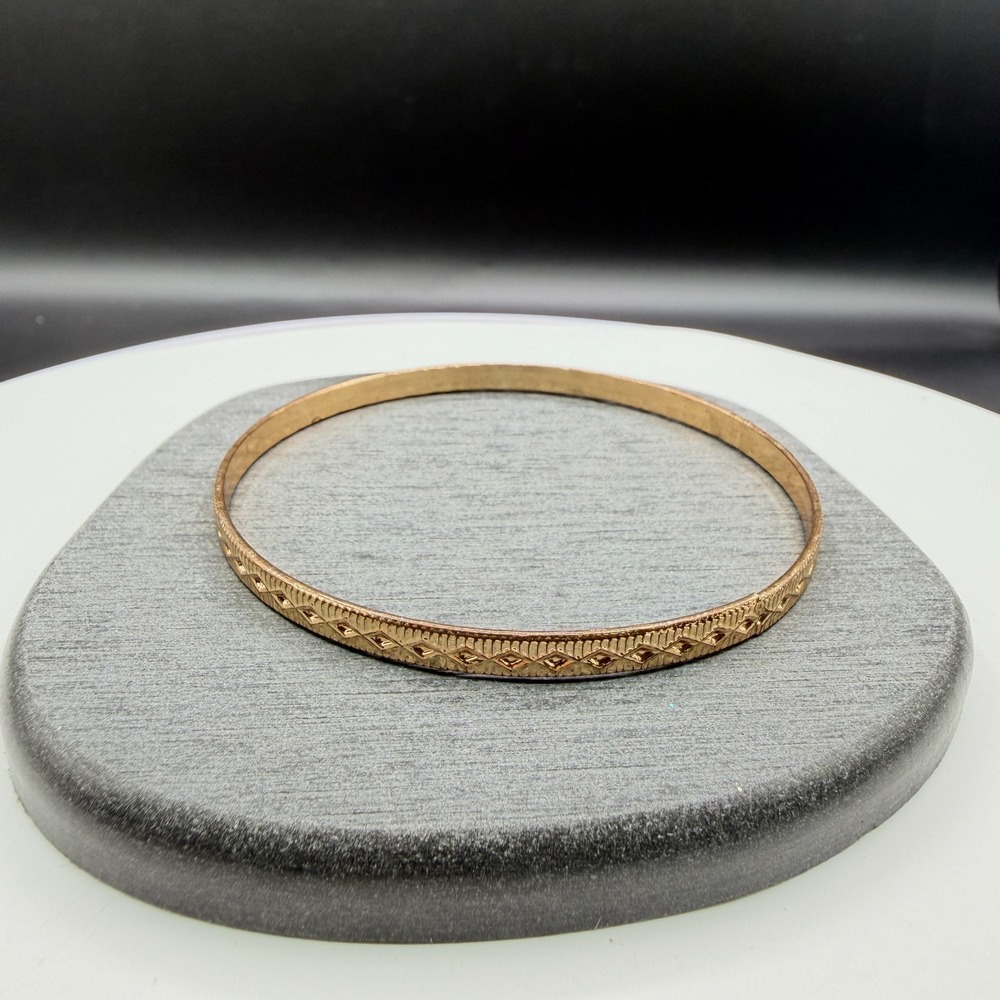 Gold Tone Engraved Bangle Bracelet Geometric Diamond Pattern Boho Stackable Gift